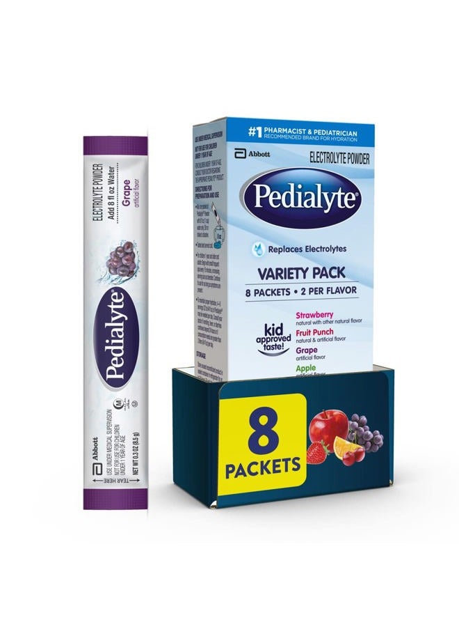 Pedialyte مسحوق الإلكتروليت | مشروب الترطيب للأطفال والبالغين | مجموعة متنوعة: عنب، فواكه الفراولة، وتفاح، 8 عبوات مسحوق - Image 1